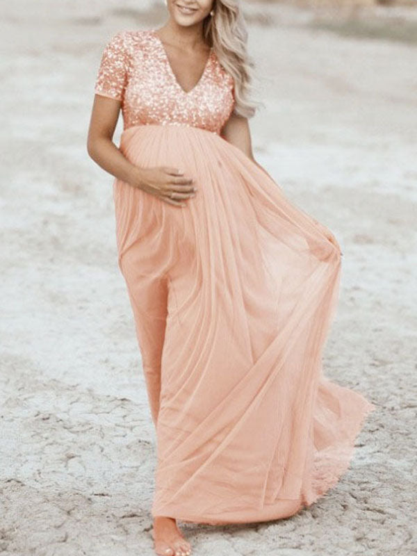 Drune Schwangerschafts-Chaps Maxi-Fotoshooting-Kleider, elegante Pailletten, Tüll, Rosa, Babyparty