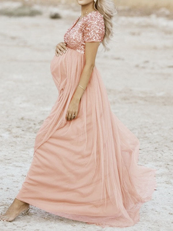 Drune Schwangerschafts-Chaps Maxi-Fotoshooting-Kleider, elegante Pailletten, Tüll, Rosa, Babyparty