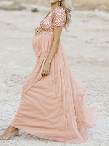 Drune Schwangerschafts-Chaps Maxi-Fotoshooting-Kleider, elegante Pailletten, Tüll, Rosa, Babyparty