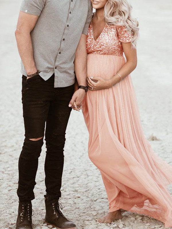 Drune Schwangerschafts-Chaps Maxi-Fotoshooting-Kleider, elegante Pailletten, Tüll, Rosa, Babyparty