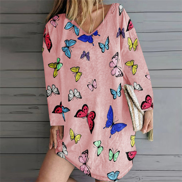 Damen lässiges Strandkleid mit buntem Schmetterlingsmuster und weiten Ärmeln Drune