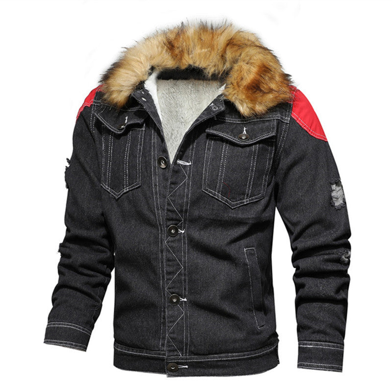 Herren Jeansjacke mit Teddyfutter, Kunstfellkragen und Used-Details Drune