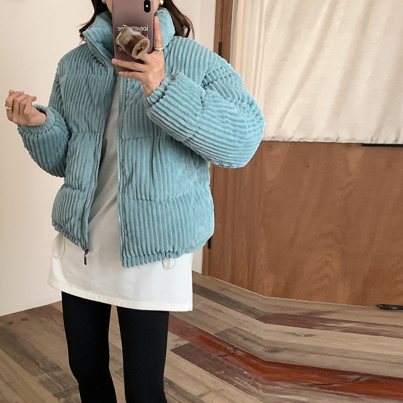 Kurze Damen-Winterjacke aus Cord mit Stehkragen