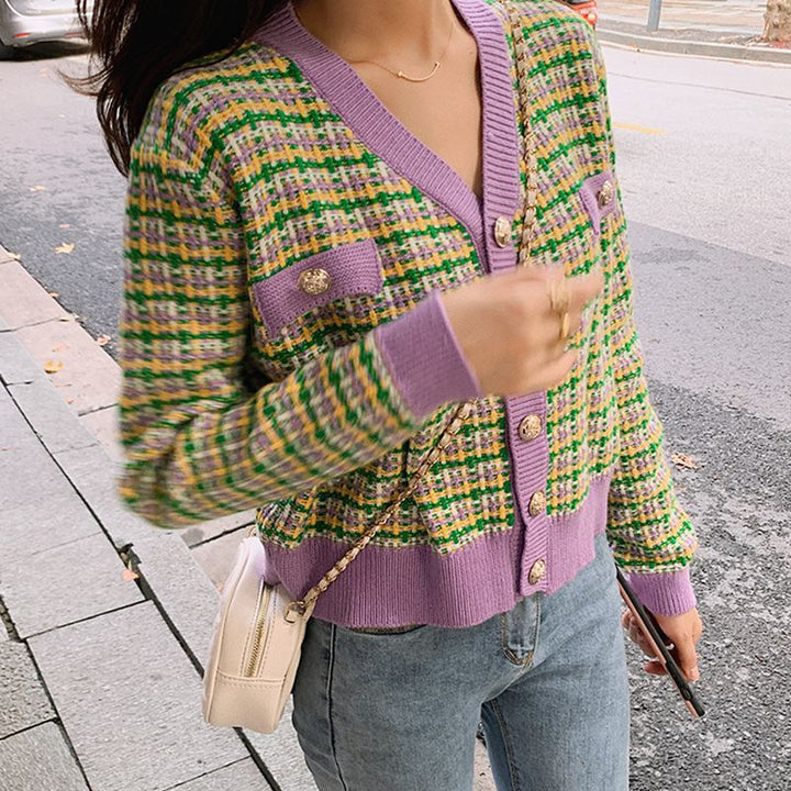 Damen Modische Strickjacke mit modischem Karomuster und glänzenden Knöpfen Drune