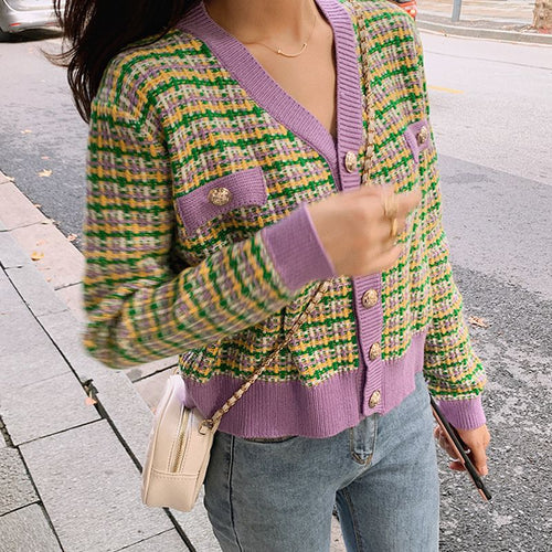 Damen Modische Strickjacke mit modischem Karomuster und glänzenden Knöpfen Drune