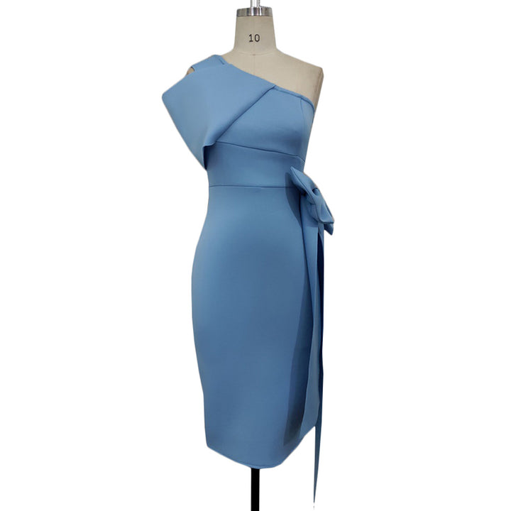 Damen figurbetontes Abendkleid mit asymmetrischem Ausschnitt und voluminösem Schleifenakzent Drune