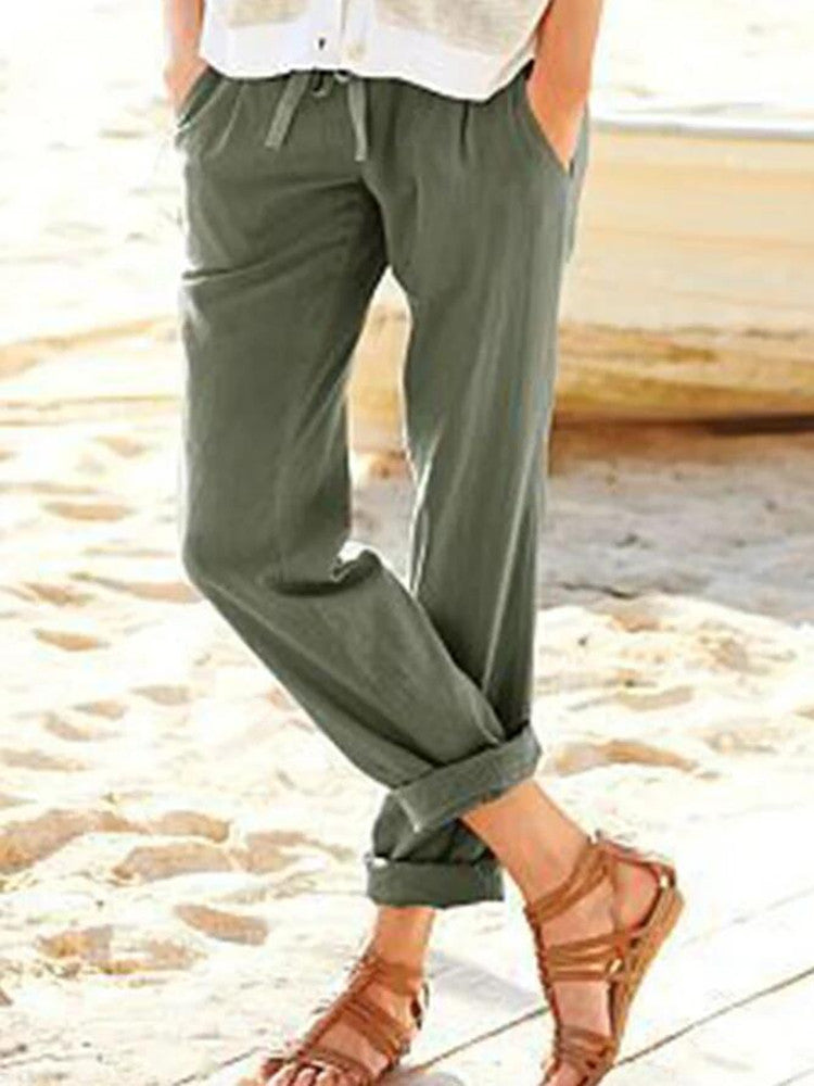 Damen bequeme Leinenhose mit elastischem Bund und seitlichen Taschen Drune