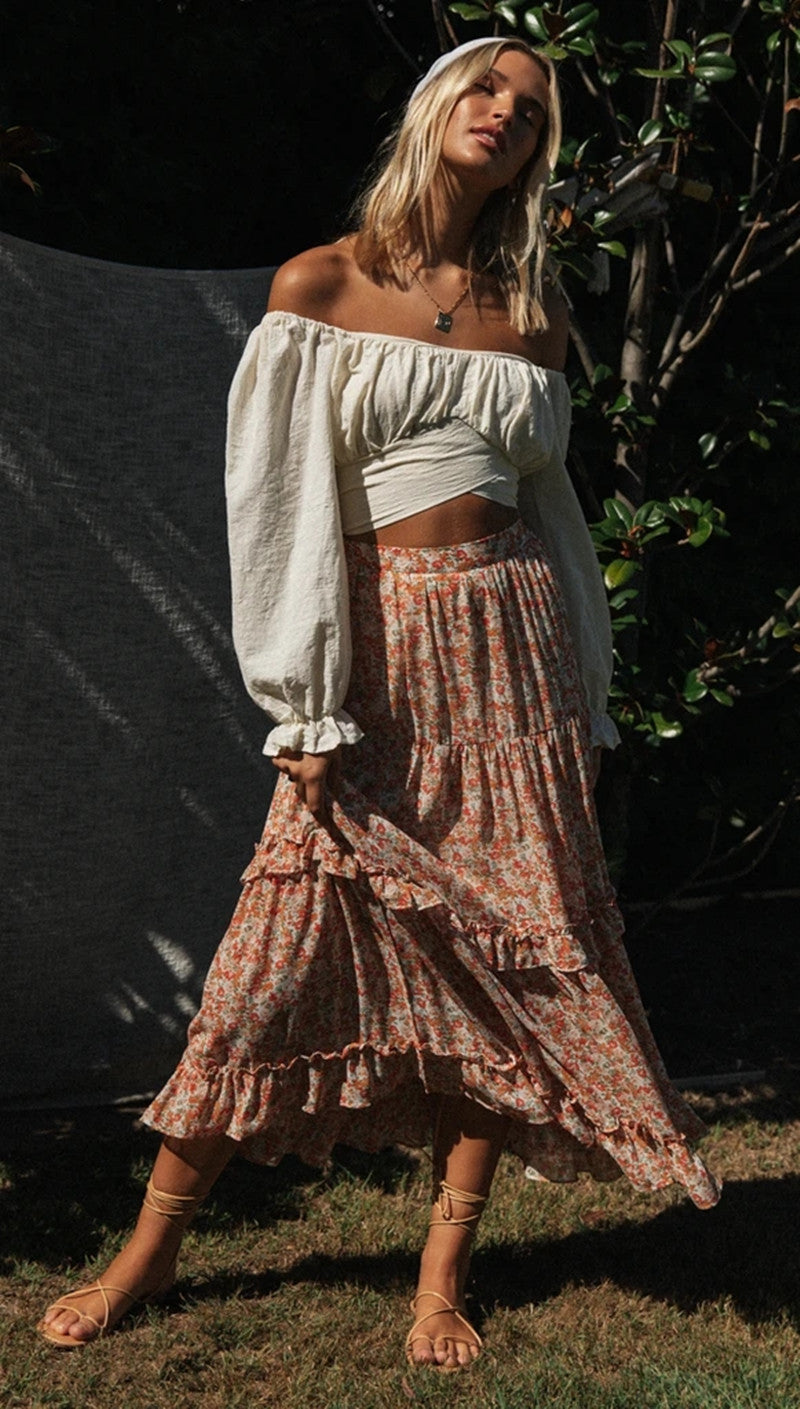 Damen voluminöser Rock mit floralen Mustern und Rüschendetails Drune