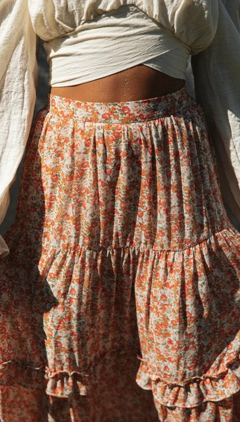 Damen voluminöser Rock mit floralen Mustern und Rüschendetails Drune