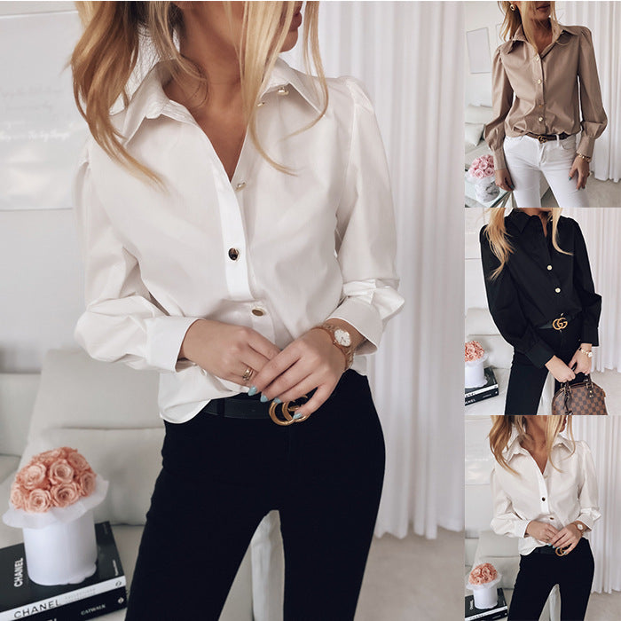 Damen Elegante Langarm-Bluse mit Perlmuttknöpfen und dezent gerafften Schultern Drune