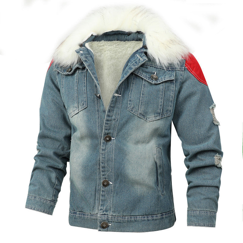 Herren Jeansjacke mit Teddyfutter, Kunstfellkragen und Used-Details Drune