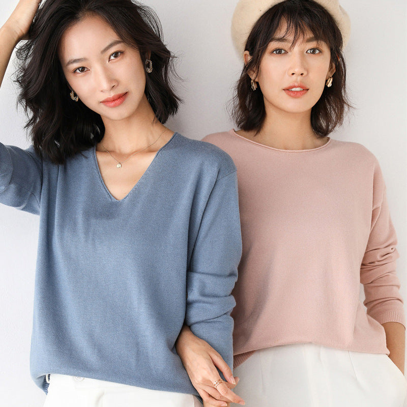 Damen Lässiger Feinstrick V-Ausschnitt Pullover mit überschnittenen Schultern Drune