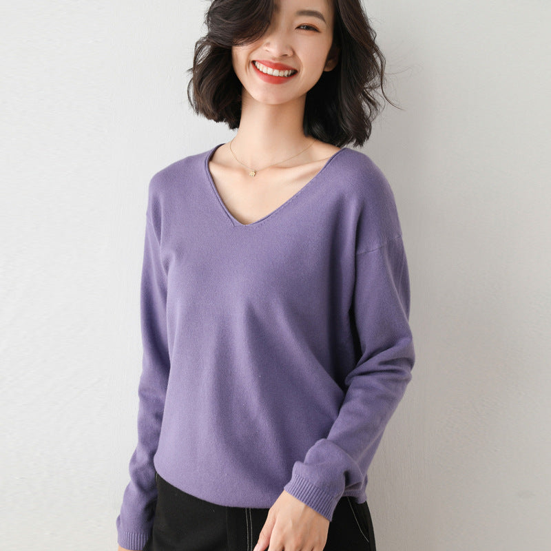Damen Lässiger Feinstrick V-Ausschnitt Pullover mit überschnittenen Schultern Drune