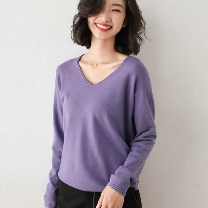 Damen Lässiger Feinstrick V-Ausschnitt Pullover mit überschnittenen Schultern Drune
