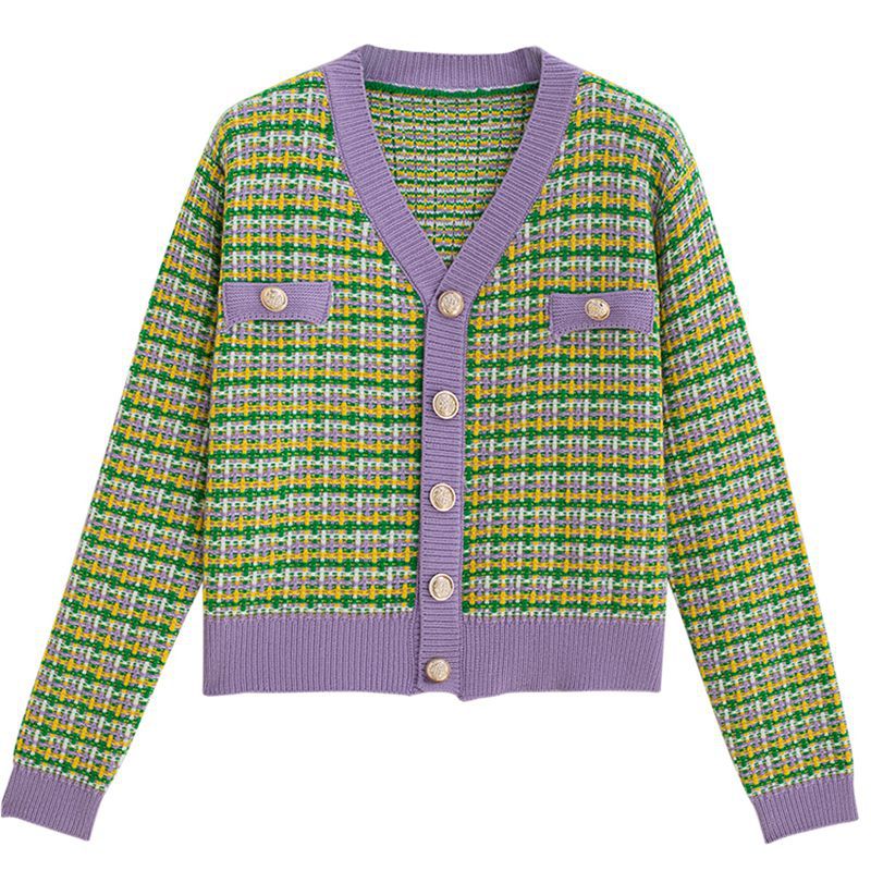 Damen Modische Strickjacke mit modischem Karomuster und glänzenden Knöpfen Drune