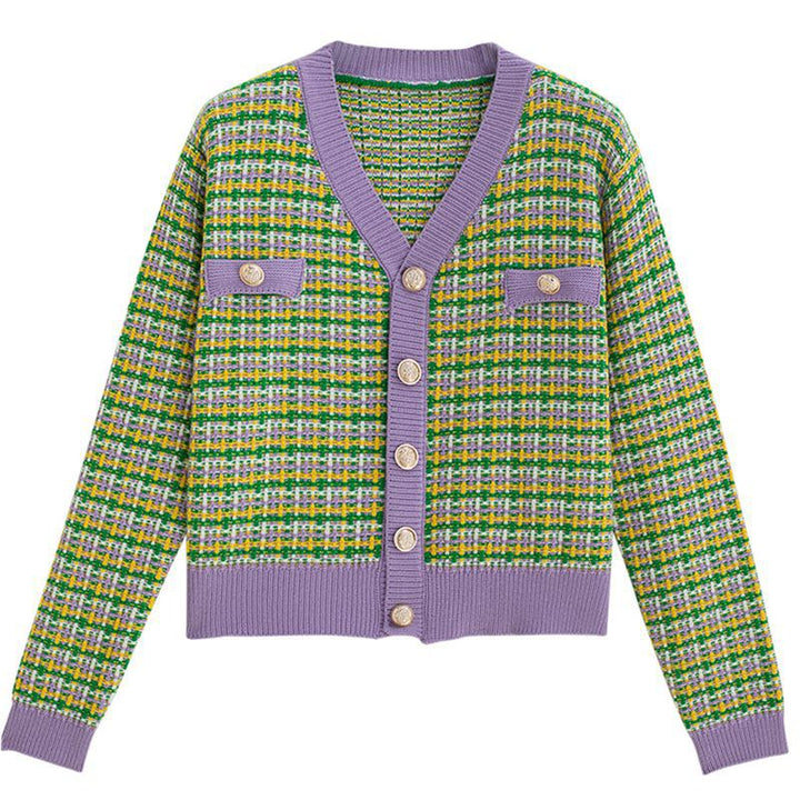 Damen Modische Strickjacke mit modischem Karomuster und glänzenden Knöpfen Drune