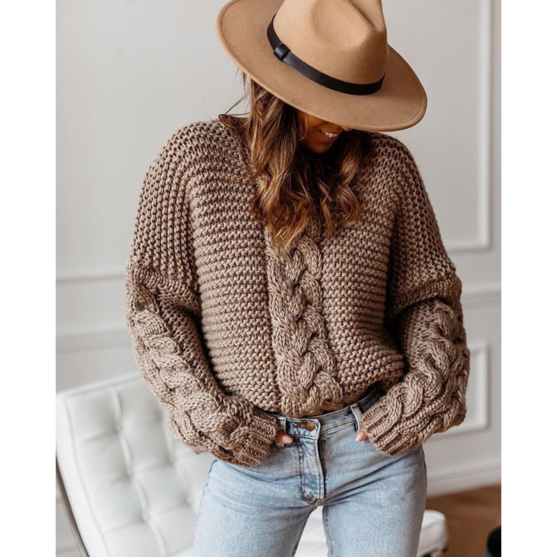 Damen Grobstrickpullover mit Zopfmuster und weitem Schnitt Drune