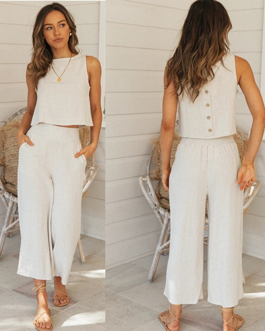 Damen lässiges Zweiteiliges Set mit cropped Oberteil und weitem Hosenstil Drune