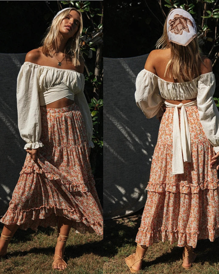 Damen voluminöser Rock mit floralen Mustern und Rüschendetails Drune