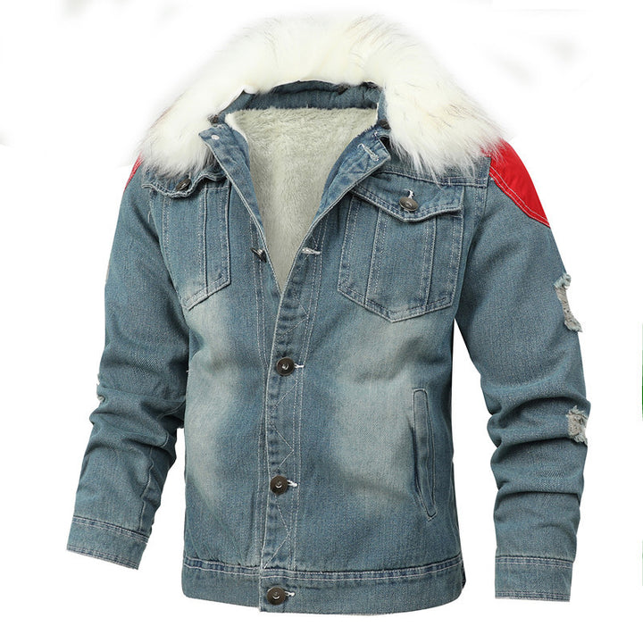 Herren Jeansjacke mit Teddyfutter, Kunstfellkragen und Used-Details Drune