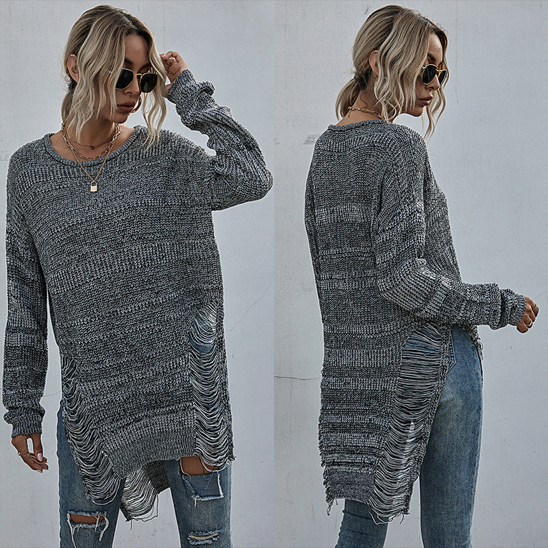 Damen Grobstrick-Longpullover mit seitlichen Fransen und geripptem Saum Drune