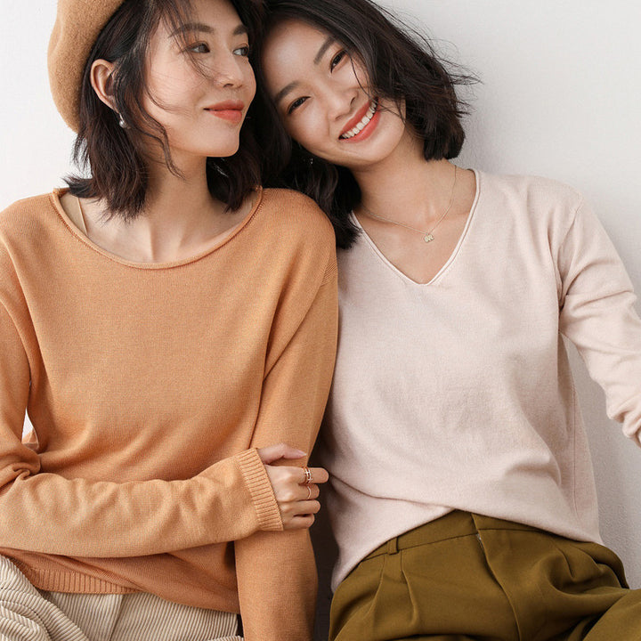 Damen Lässiger Feinstrick V-Ausschnitt Pullover mit überschnittenen Schultern Drune