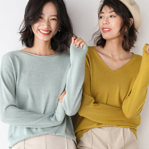 Damen Lässiger Feinstrick V-Ausschnitt Pullover mit überschnittenen Schultern Drune