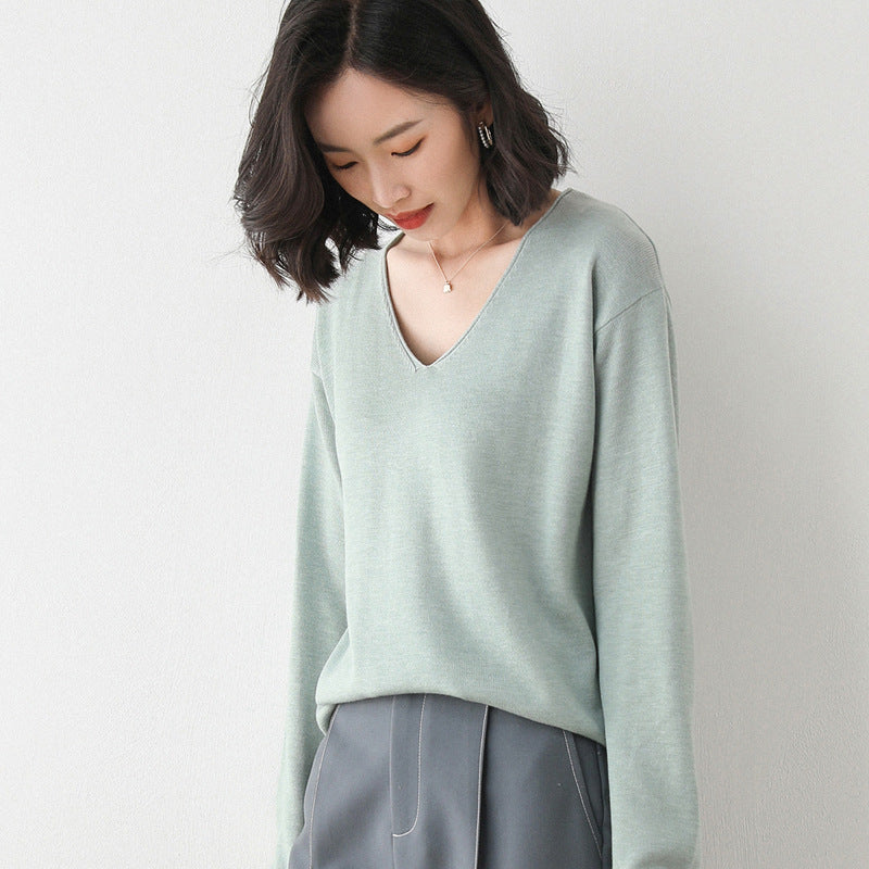 Damen Lässiger Feinstrick V-Ausschnitt Pullover mit überschnittenen Schultern Drune