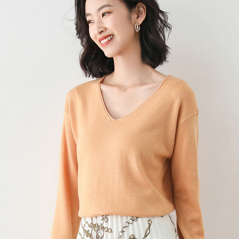 Damen Lässiger Feinstrick V-Ausschnitt Pullover mit überschnittenen Schultern Drune