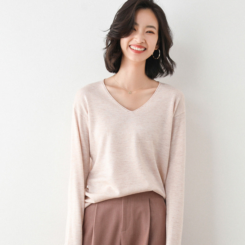 Damen Lässiger Feinstrick V-Ausschnitt Pullover mit überschnittenen Schultern Drune