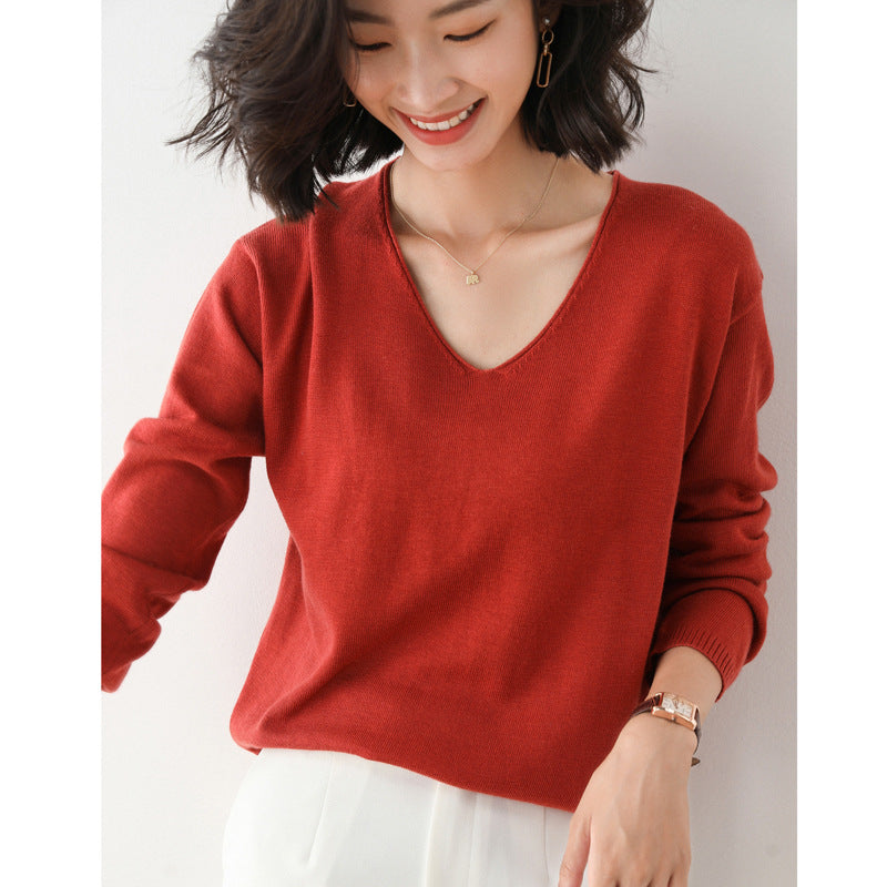 Damen Lässiger Feinstrick V-Ausschnitt Pullover mit überschnittenen Schultern Drune