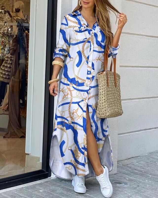 Femme Chic Button-Up Maxikleid mit elegantem Kettenprint Drune