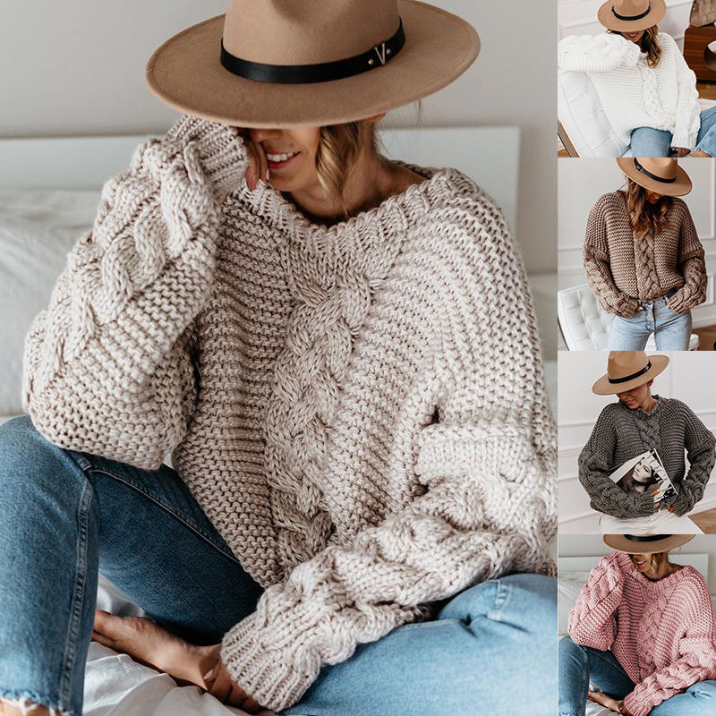 Damen Grobstrickpullover mit Zopfmuster und weitem Schnitt Drune