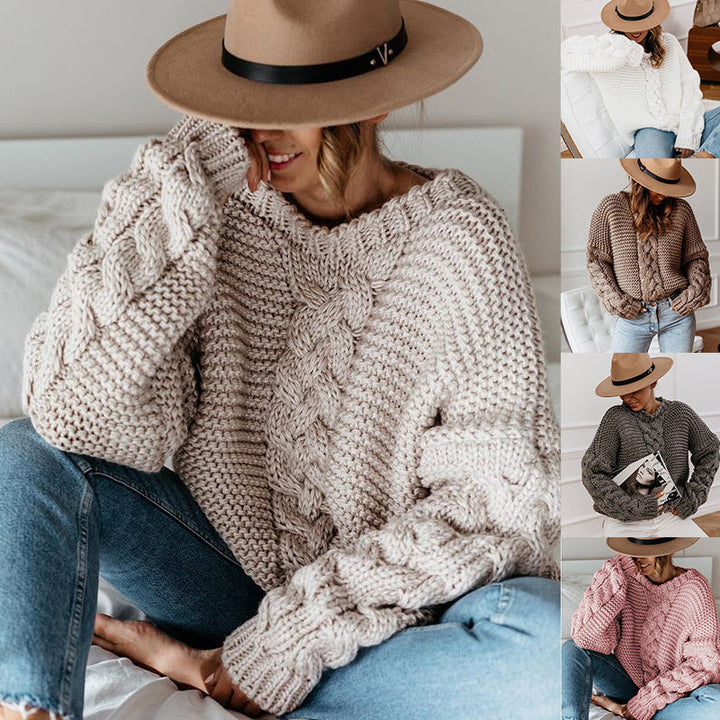 Damen Grobstrickpullover mit Zopfmuster und weitem Schnitt Drune