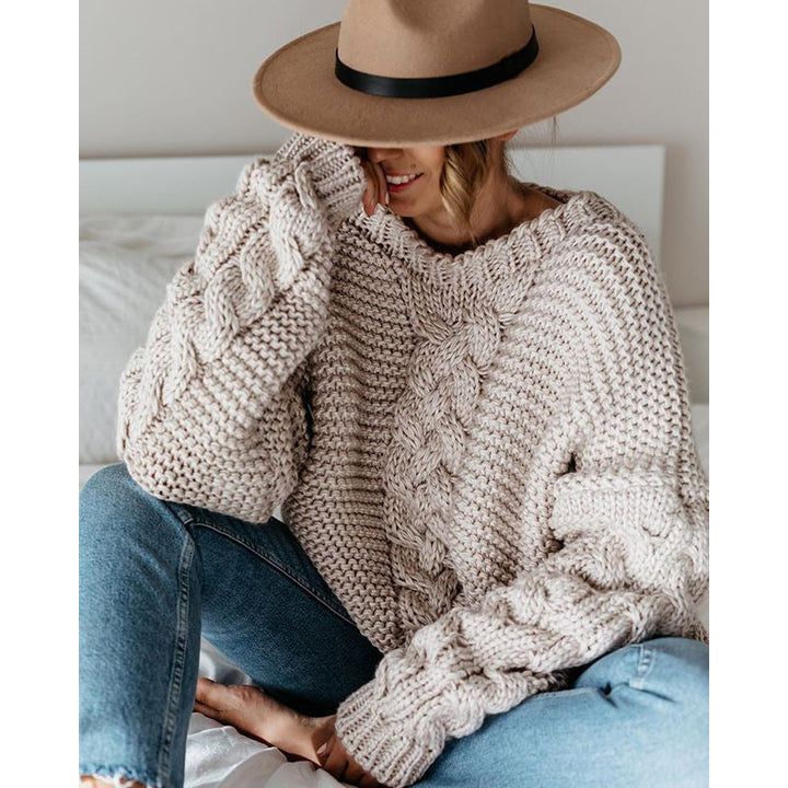 Damen Grobstrickpullover mit Zopfmuster und weitem Schnitt Drune