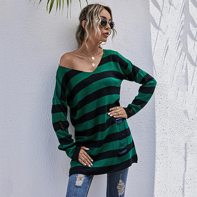 Damen Lässiger Longpullover mit V‑Ausschnitt, Grobstrickstreifen und Löcherdetails Drune