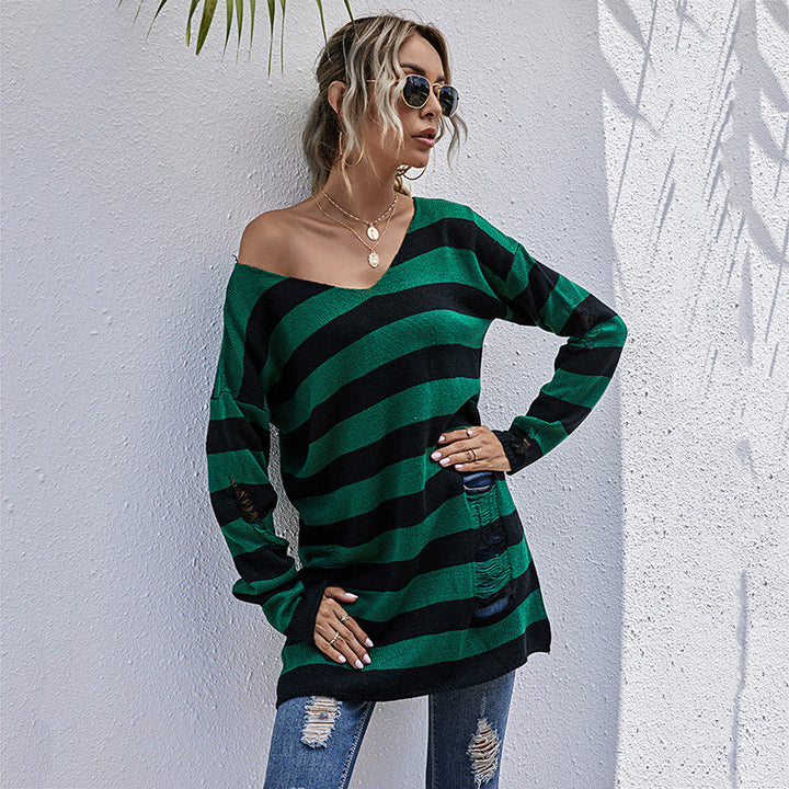 Damen Lässiger Longpullover mit V‑Ausschnitt, Grobstrickstreifen und Löcherdetails Drune