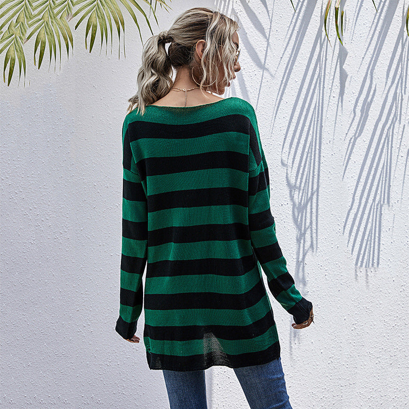 Damen Lässiger Longpullover mit V‑Ausschnitt, Grobstrickstreifen und Löcherdetails Drune