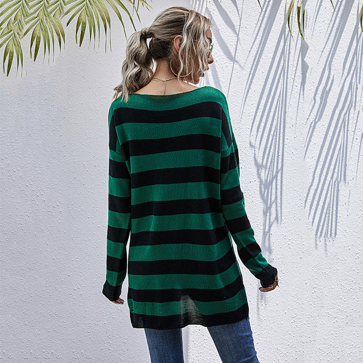 Damen Lässiger Longpullover mit V‑Ausschnitt, Grobstrickstreifen und Löcherdetails Drune