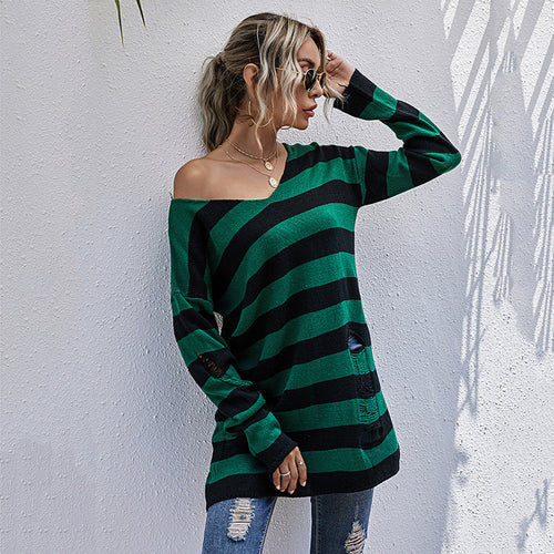 Damen Gestreifter Oversize Strickpullover mit V‑Ausschnitt und Distressed-Details Drune