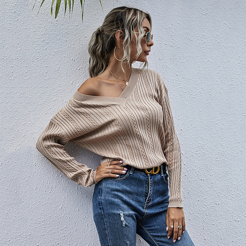 Damen Feiner Rippenstrick-Pullover mit Zopfmuster und V‑Ausschnitt Drune