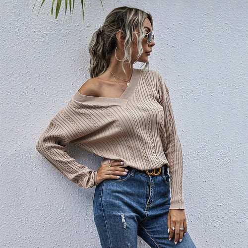 Damen Feiner Rippenstrick-Pullover mit Zopfmuster und V‑Ausschnitt Drune