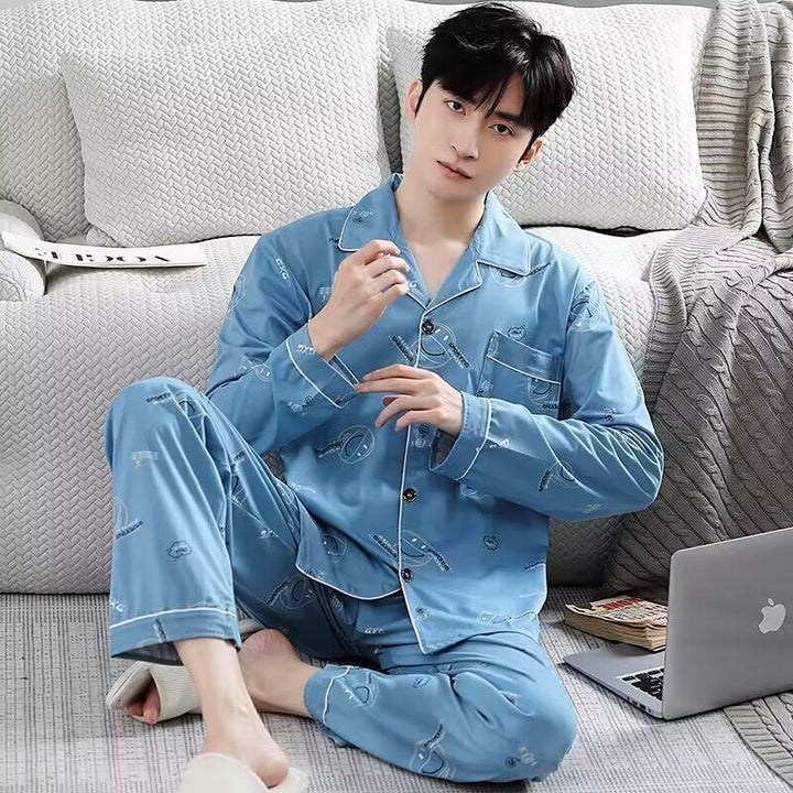 Herren-Pyjama-Set, 100% Baumwolle, langärmelig, geknöpft