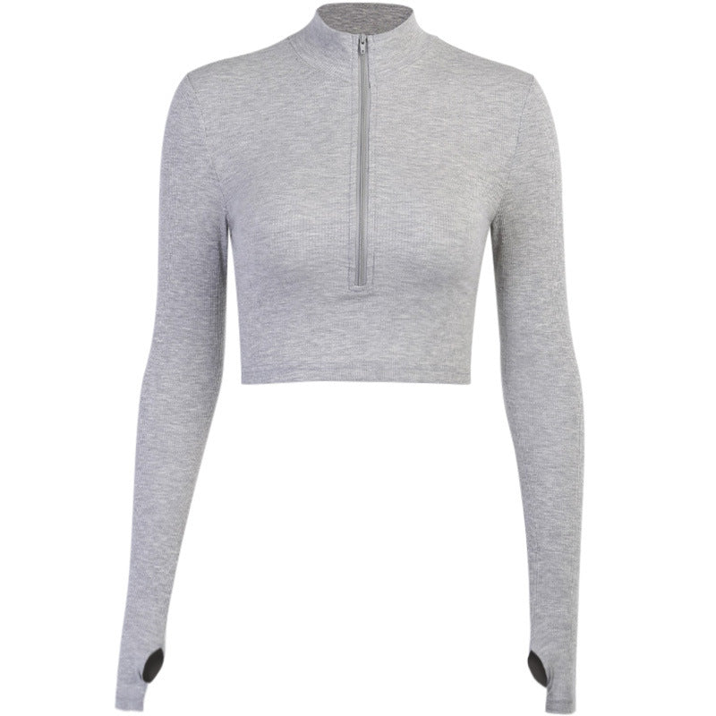 Damen trendiges Crop-Top mit hochgeschlossenem Reißverschluss und langen Ärmeln Drune