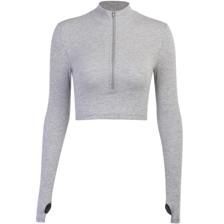 Damen trendiges Crop-Top mit hochgeschlossenem Reißverschluss und langen Ärmeln Drune