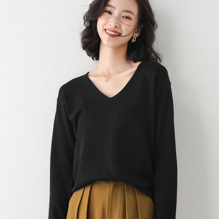 Damen Lässiger Feinstrick V-Ausschnitt Pullover mit überschnittenen Schultern Drune