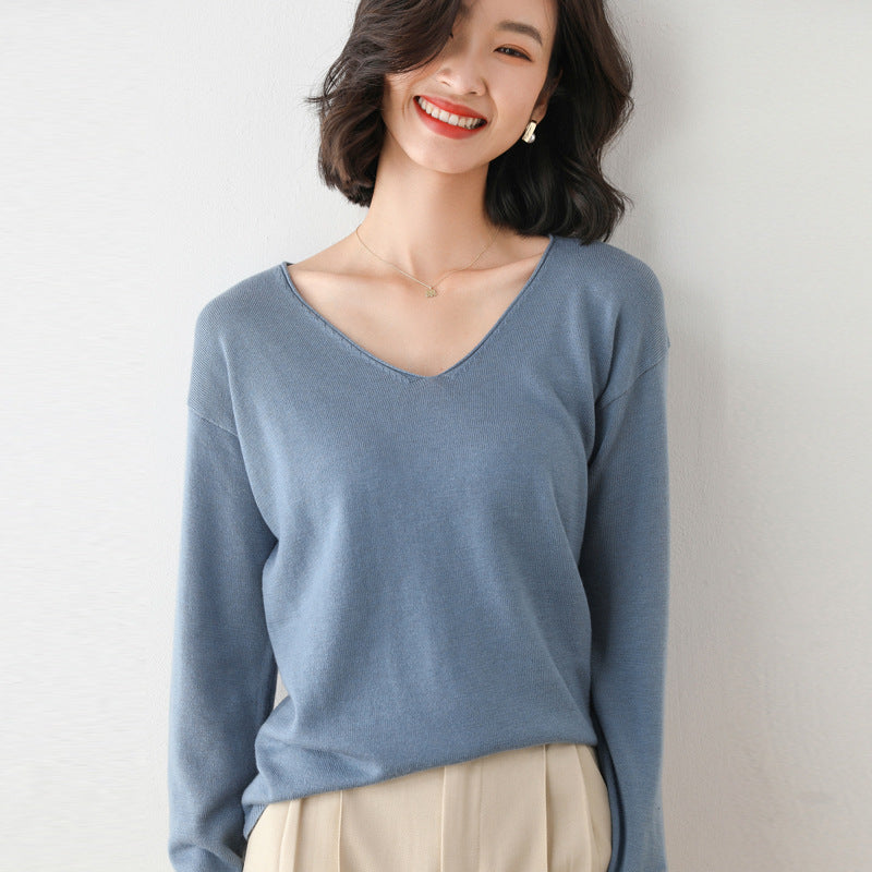 Damen Lässiger Feinstrick V-Ausschnitt Pullover mit überschnittenen Schultern Drune