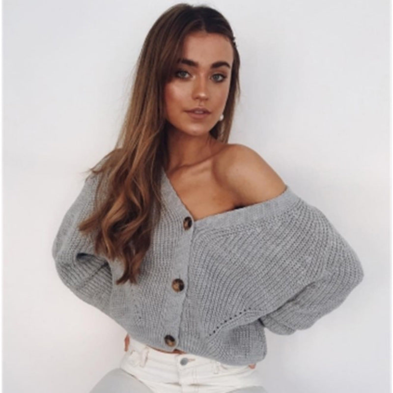 Damen Grobstrick Cardigan mit V-Ausschnitt und Holzknöpfen Drune
