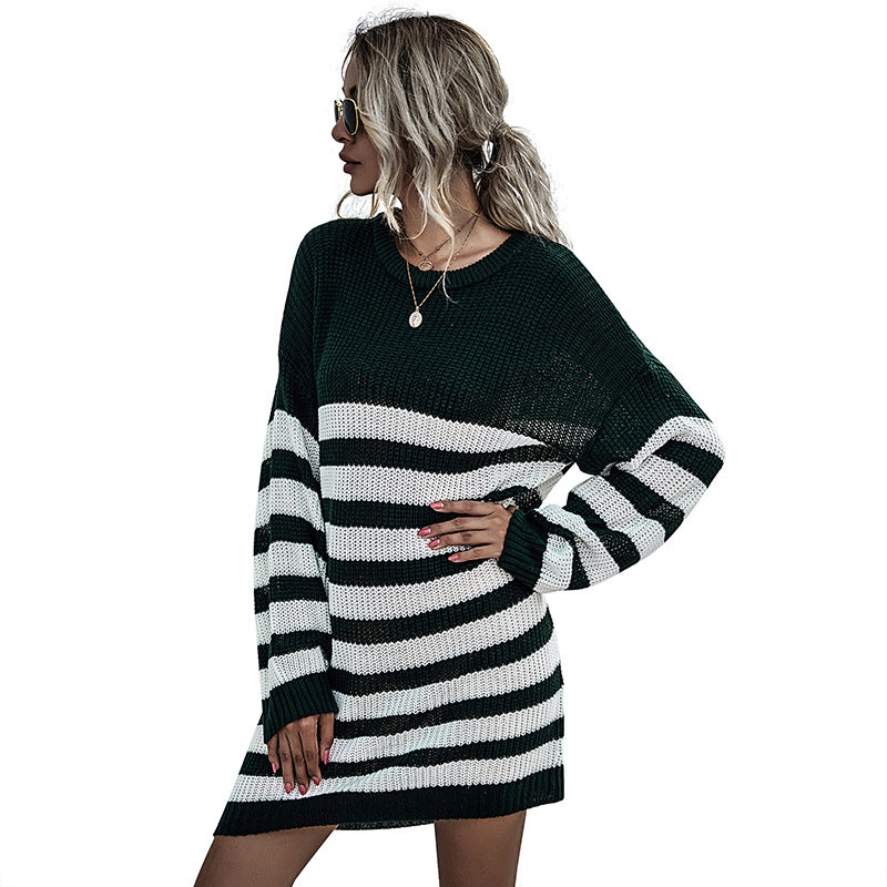 Damen Gestreiftes Strickmidikleid mit Oversize-Passform, Raglanärmeln und gerippten Abschlüssen Drune