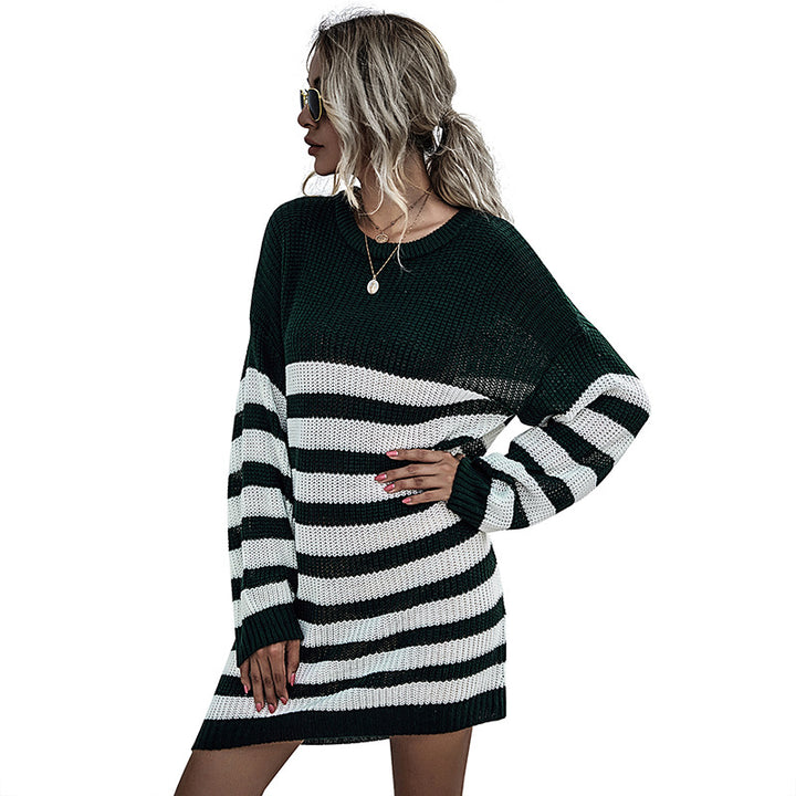 Damen Gestreiftes Strickmidikleid mit Oversize-Passform, Raglanärmeln und gerippten Abschlüssen Drune
